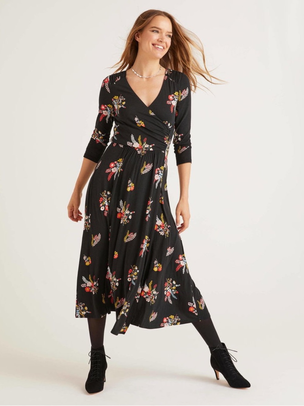 Boden Black Floral Midi Dress with Red and Pink Accents size 10